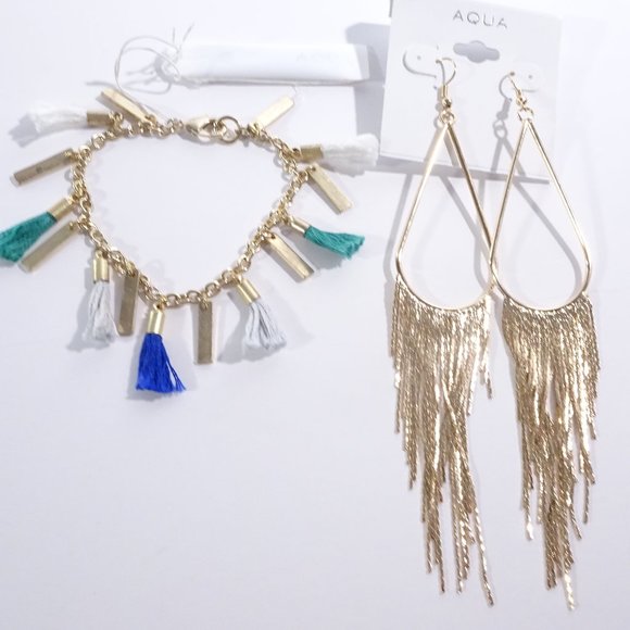 NWT SET Bloomingdale's Aqua Tassel Bracelet Fringe Hoop Earrings NWT Set of 2 - Picture 1 of 4
